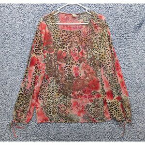 VTG Orange USA Blouse Womens 3XL Sheer Animal Print Split Sleeve Floral Pink